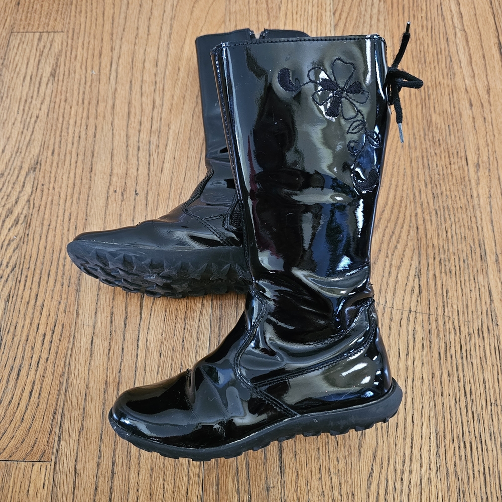 Naturino Black Patent Leather Boots With Floral Embridery Girls Size 11.5 EU 29